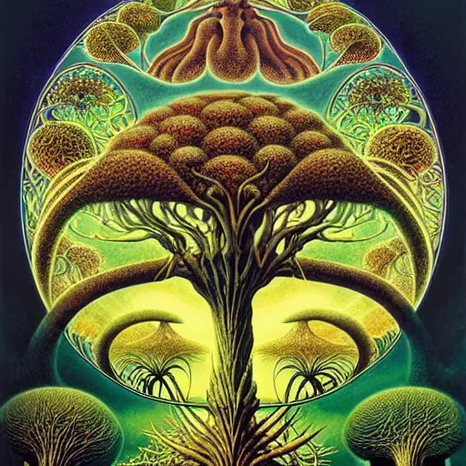 Image similar to sacred ancestral mulberry tree by roger dean and andrew ferez, art forms of nature by ernst haeckel, divine chaos engine, symbolist, visionary, art nouveau, botanical fractal structures, tree of life, lightning bolts, heimat, detailed, realistic, surreality