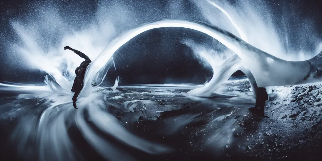 Image similar to fisheye slow motion with trail effect of futuristic break dancer wearing long dark cloak, long exposure shot , enigmatic, at night in the middle of the arctic, paddle of water, steam, fog, water splashes, rim lights, glossy reflections, water droplets on lens, octane render, Volumetric dynamic lighting, stunning cover magazine, high details,