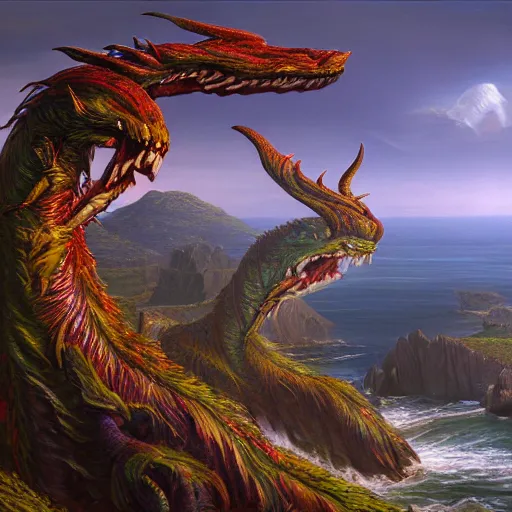 Image similar to a painting of a mythical hydra on lsd by james gurney, 8k unreal engine