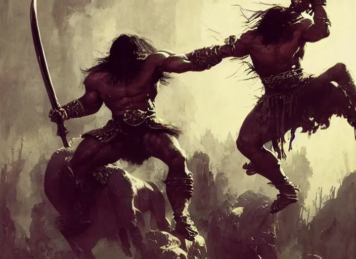 Image similar to conan the barbarian, intricate, elegant, highly detailed, vivid colors, john park, frazetta, sparth, ruan jia, jeffrey catherine jones