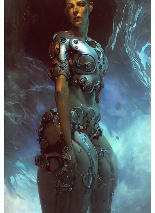 Image similar to biblical cyborg girl, glowing veins subsurface scattering, deep sea of planet jupiter, underwater photography, by gerald brom, by mikhail vrubel, by peter elson, muted colors, extreme detail, trending on artstation, 8 k