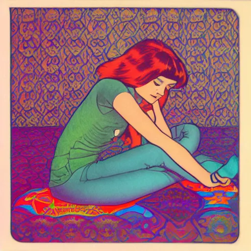 Prompt: rocker goth teen girl laying on the floor, writing on a journal. 1970s colorful psychedelic bedroom. Trippy. Moscoso. Mucha.