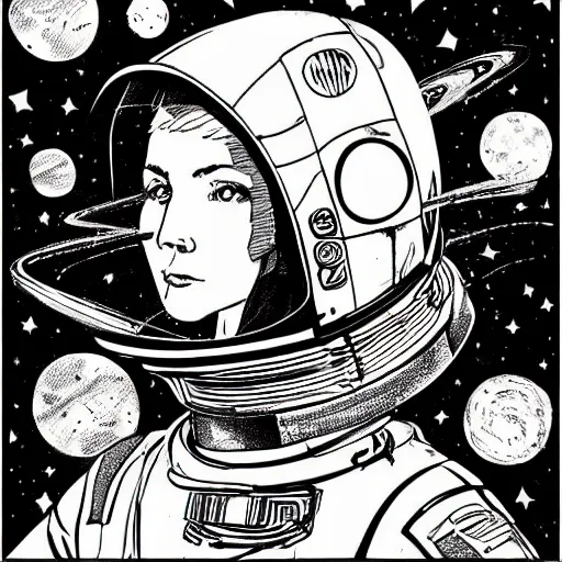 Image similar to illustration of butch tomboy stoic emotionless square - jawed heroic blonde woman astronaut, space helmet, piloting tiny spacecraft through wormhole, pen and ink, ron cobb, mike mignogna, comic book, black and white, science fiction, punk, grunge, used future, illustration, comic book cover, - ar 1 6 : 9