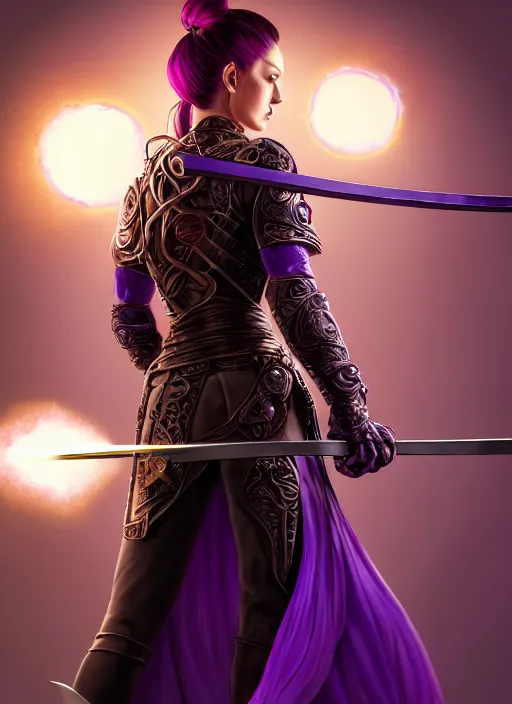 Image similar to back, behind, portrait of a woman in purple leather future armor with a long black ponytail, holding a katana with glowing purple runes carved into the katana, intricate, elegant, candle light, highly detailed, digital painting, artstation, concept art, smooth, sharp focus, illustration, art by wlop, mars ravelo and greg rutkowski