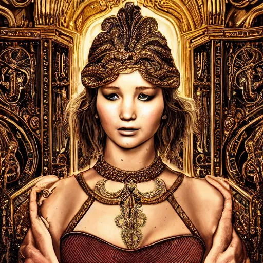 Prompt: !dream realistic detailed dramatic symmetrical portrait of Jennifer Lawrence as Salome dancing, wearing an elaborate jeweled gown, by Michelangelo, gilded details, intricate spirals, coiled realistic serpents, Neo-Gothic, gothic, Art Nouveau, ornate medieval religious icon, long dark flowing hair spreading around her