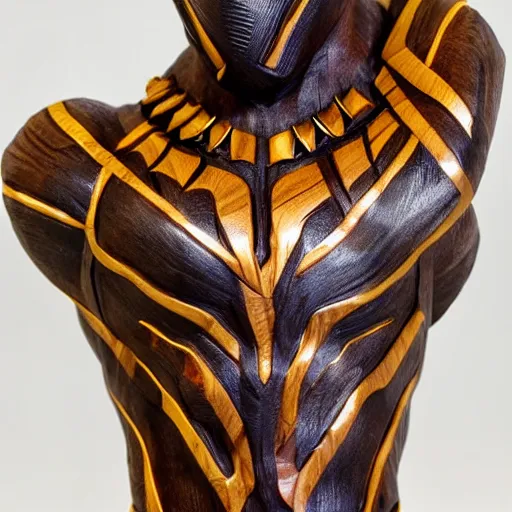 Prompt: a completely made of wood, real - world sculpture bust of the black panther marvel character, made of highly polished walnut wood, polished, cedar, polished tiger - wood. photograph, photographic, 3 5 mm