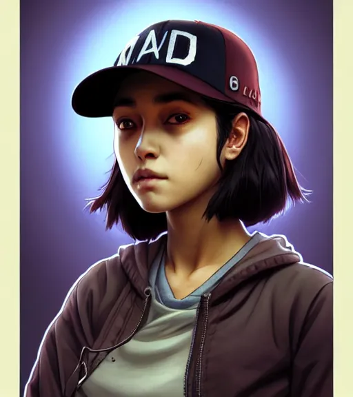 Image similar to symmetry ( clementine from the walking dead wearing her iconic baseball ( letter d ) hat portrait ) ultra detailed, intricate, anime, dynamic lighting, digital art, digital painting, art station, wlop, sharp focus, illustration, art by artgerm and greg rutkowski and alphonse mucha