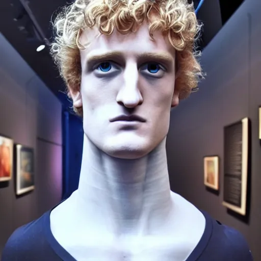 Image similar to a realistic detailed photo of a guy who is an attractive humanoid who is half robot and half humanoid, who is a male android, boxer and youtuber logan paul, shiny skin, posing like a statue, blank stare, at the museum, on display