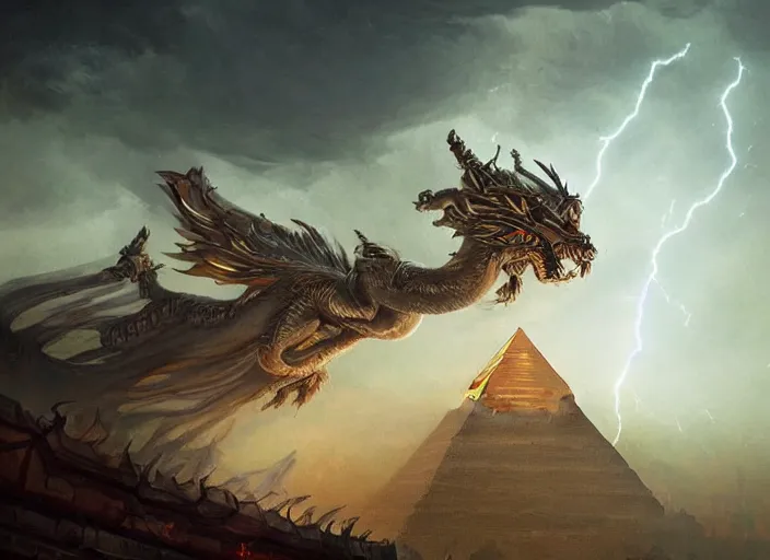 Image similar to luxurious white chinese dragon hovering side of a cyberpunk egyptian pyramid during lightning and thunder, by greg rutkowski, james jean, peter mohrbacher, rule of thirds, sigma look, beautiful, intricate, majestic, award winning