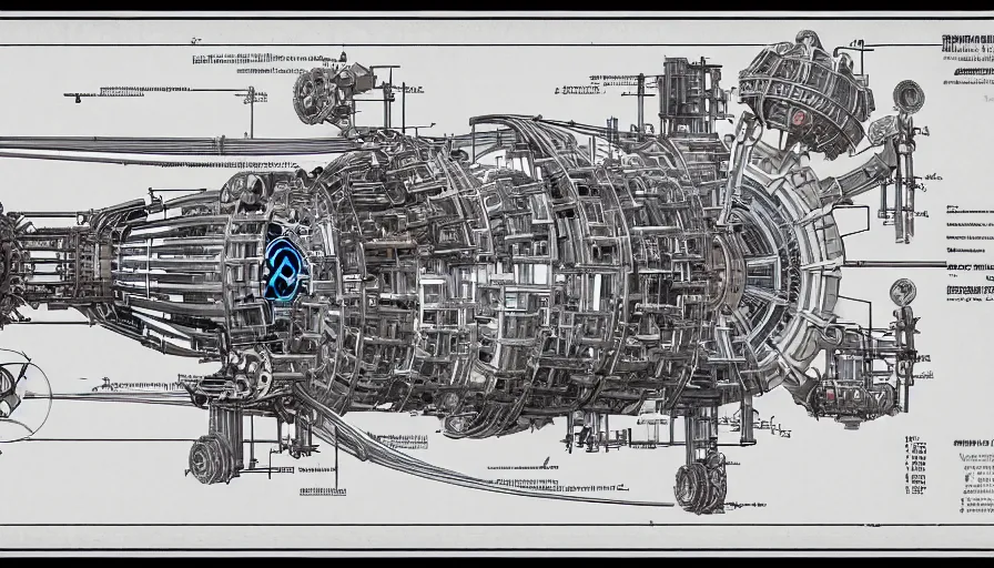 Image similar to a full page of a mechanical blueprint showing a cutaway design for a mechanized brontosaurus from howl's moving castle ( 2 0 0 4 ), with people inside piloting it, muted colors, post grunge, studio ghibli, hq