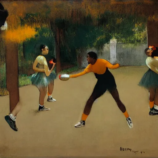 Image similar to mangoes playing basketball in the style of degas