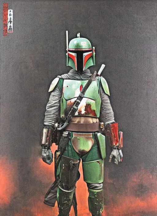 Image similar to boba fett in a samurai japanese version, very detailed oil painting, dark and realistic, japanese art art