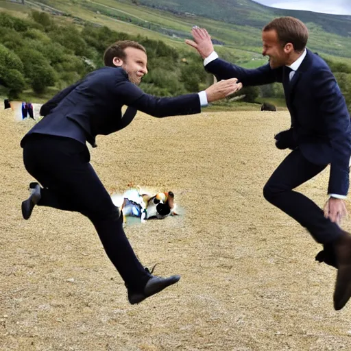 Prompt: Macron jumping over a sheep