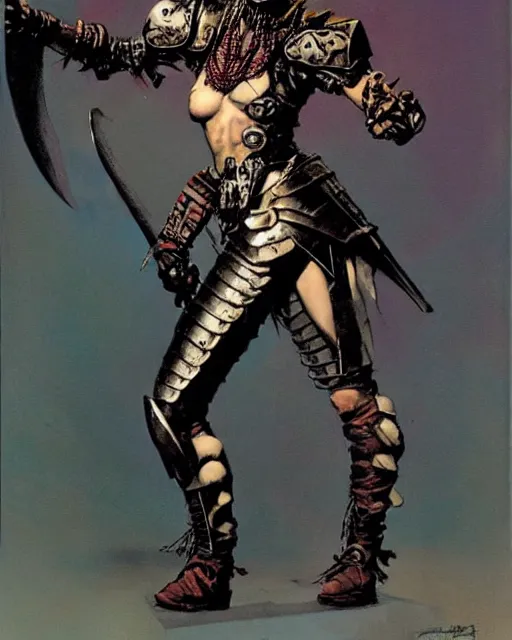 Prompt: portrait of an androgynous skinny punk goth warrior wearing armor by simon bisley, john blance, frank frazetta, fantasy