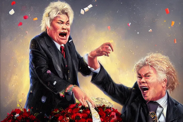 Image similar to portrait of rip taylor throwing confetti during a funeral service, an oil painting by ross tran and thomas kincade