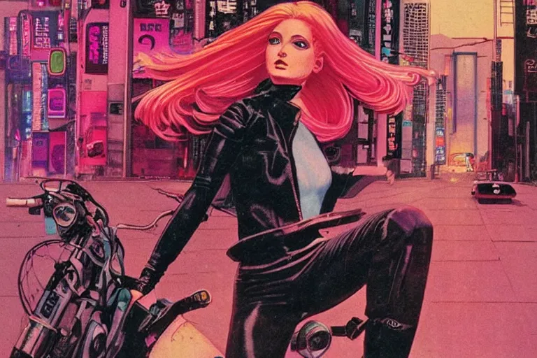 Prompt: 1979 OMNI Magazine Cover of Chrome woman with Pink hair and a leather jacket. neo-Tokyo streets behind her. in cyberpunk style by Vincent Di Fate