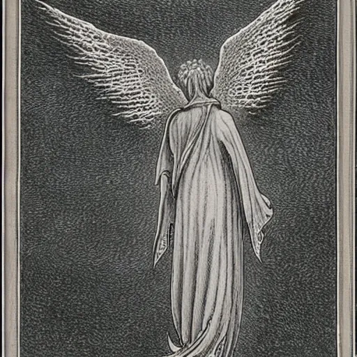 Prompt: cloaked angel with wings made of fiber optic cable, style of gustave dore, moon and stars