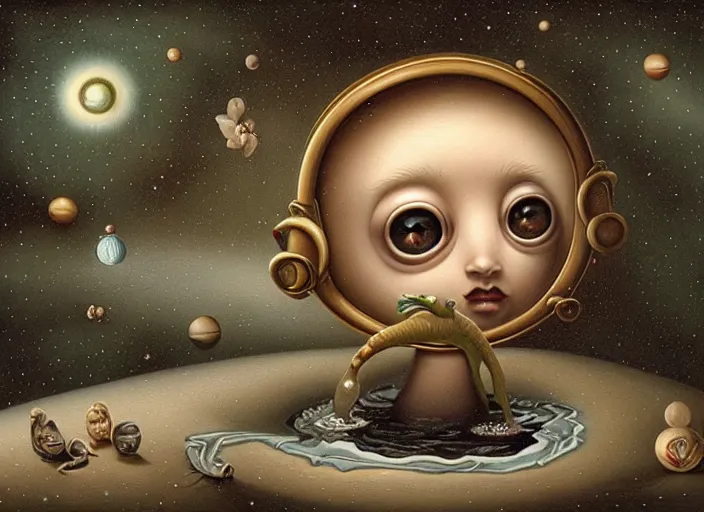 Image similar to a universe contained in a single drop of water, an ultrafine detailed painting by mark ryden, trending on deviantart, pop surrealism, whimsical, lowbrow, grotesque