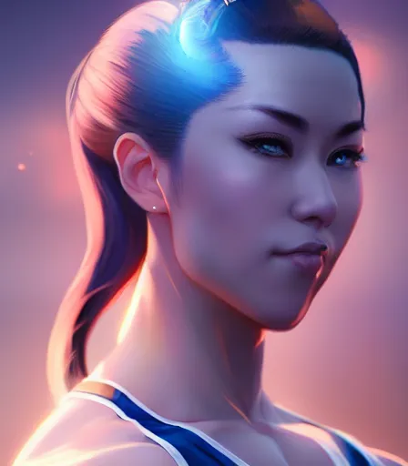 Image similar to beautiful portrait of a gorgeous personal trainer who looks like Chun Li , character design by charlie bowater, ross tran, artgerm, and makoto shinkai, detailed, soft lighting, rendered in octane