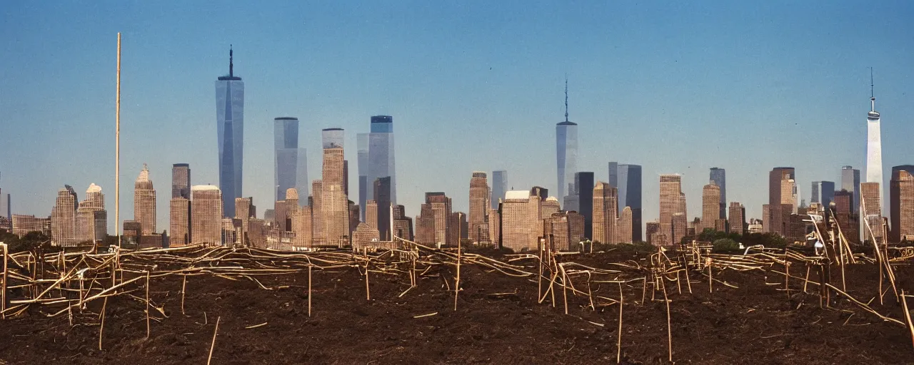 Image similar to spaghetti stand with the world trade center in the distance, growing out of the dirt, kodachrome, in the style of wes anderson, retro