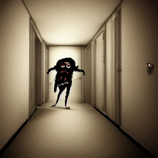 Prompt: a monster chasing you in the backrooms, horror, creepy, motion blur