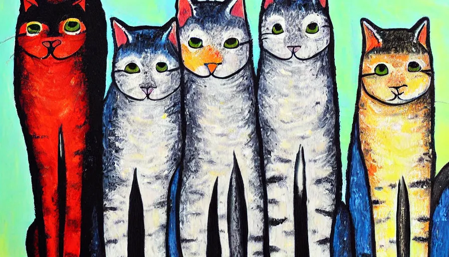 Image similar to messy acrylic painting of really tall cats by daniel patrick kessler, kessler art