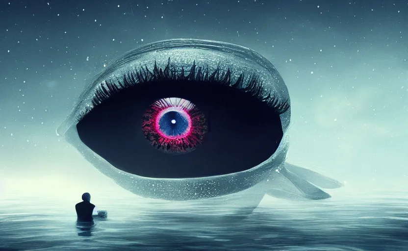 Image similar to A big eye floating in the night sky looking at a person swimming in the lake, eerie, trending on artstation, cgsociety