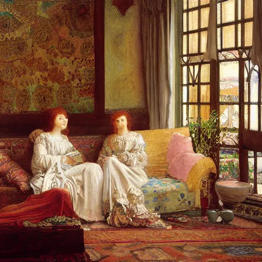 Prompt: a renaissance oil painting by Alma Tadema of a ghost inside an intricately decorated living room, pastel color scheme, digital painting, high detail