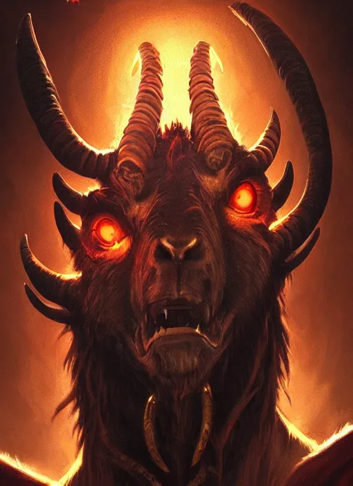 Prompt: hellish demon with gold fangs and twisted horns, close up, goat pupils, sinister portrait, highly detailed, digital painting, artstation, concept art, matte, sharp focus, illustration, dramatic, cinematic sunset, hearthstone, art by artgerm and greg rutkowski and alphonse mucha