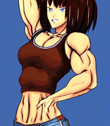 Brown hair, blue tank top and shorts, muscular anime