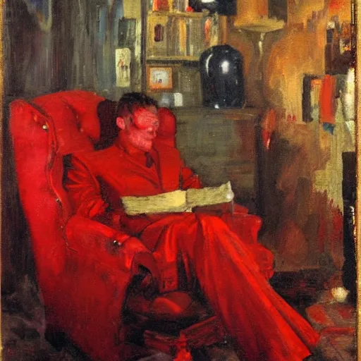 Image similar to man in red room in a chair, dean cornwell style