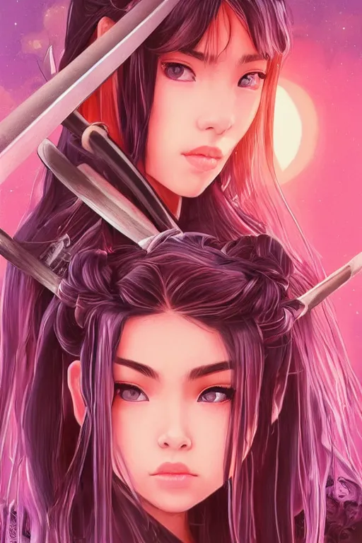 Image similar to highly detailed beautiful photo of madison beer as a young female samurai, practising her sword staces, symmetrical face, beautiful eyes, pink hair, realistic anime art style, 8 k, award winning photo, pastels colours, action photography, 1 / 1 2 5 shutter speed, sunrise lighting