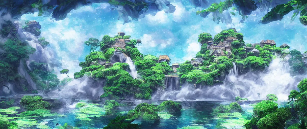 Prompt: a small crumbling island with waterfalls flowing off the island, floating in space, studio ghibli, digital art, detailed, depth of field