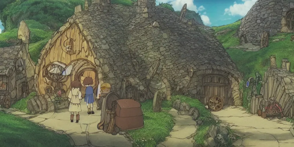 Image similar to a still from howl's moving castle of hobbiton, studio ghibli