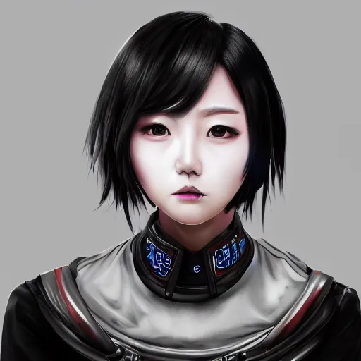 Image similar to detailed realistic korean female character cyberpunk, realistic, art, beautiful, 4K, artstation, detailed, female, woman, choker, cyberpunk, neon, punk, collar, choker, collar around neck, thick collar, tight around neck, punk, looking straight forward, symmetrical eyes, beautiful eyes, realistic eyes