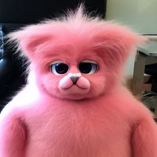 Prompt: photo of an obese giant hairless furby that has been completely shaved and had pinkish skin