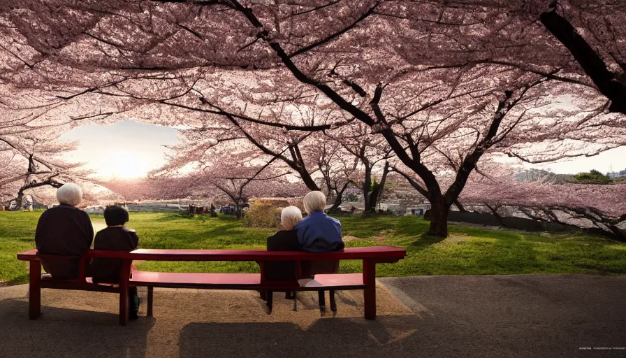 Image similar to back view of an old japanese couple sit on the bench, sunset, japanese village, cherry blossomns, shingo araki, hyperdetailed, artstation, cgsociety, 8 k