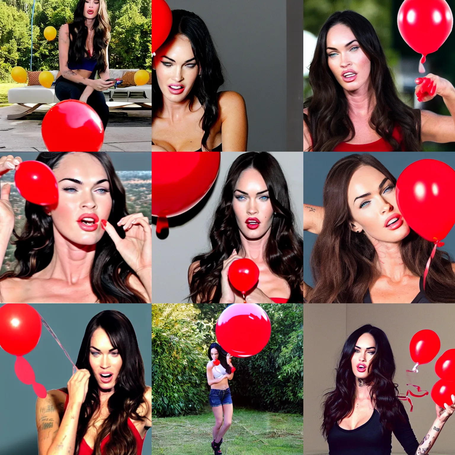 Prompt: Megan Fox blowing up a red balloon ASMR