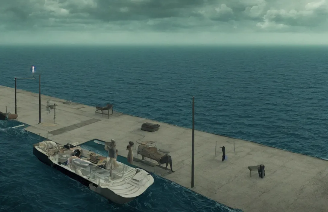 Prompt: ship ever further out to sea render by gregory crewdson habitat roger deakins cinematography