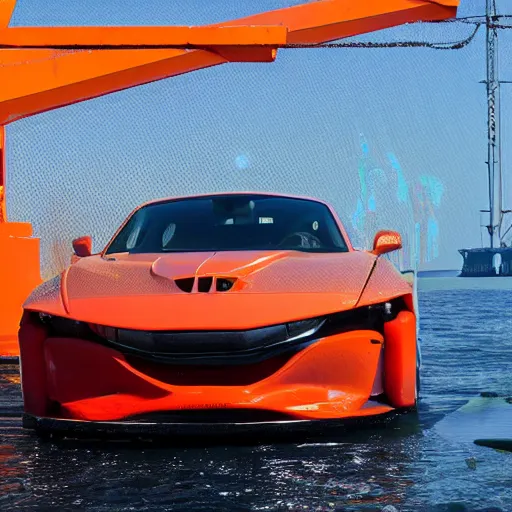 Image similar to professional high quality wide - angle image of a colorful sports car from the year 2 0 7 7. the car is badly damaged and crashed halfway headlong into the water at the stevedoring port. ( 2 0 7 7 kodachrome panavision ). the weather is very pretty. imax 7 0 mm, wide - angle.