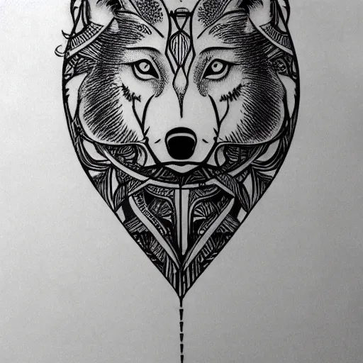 Image similar to tattoo stencil. pencil line drawing, black and white vector, photoshop wolf