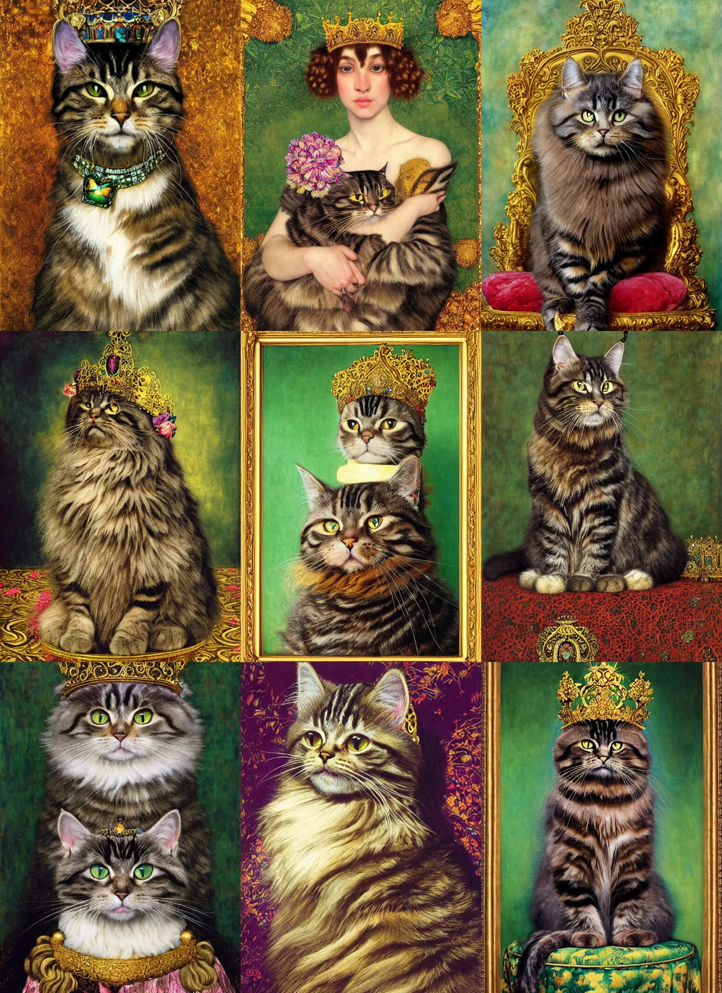 Prompt: “ an majestic portrait of a very fluffy female dark tabby cat wearing a crown, on a throne of cat food, titian, sam spratt, maxfield parrish, gustav klimt, tom bagshaw, mark ryden, alphonse mucha, high detail, 8 k, intricate ornamental details, vibrant iridescent colors, green magenta and gold ”