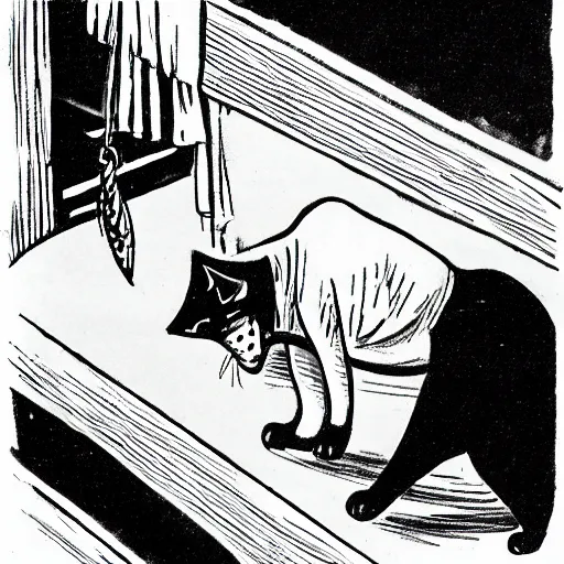 Prompt: a cat burglar sneaking into a house at night stealing a whole fish 1950s style