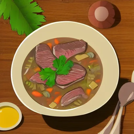 Image similar to a bowl of steak soup on a table lower corner view in the style of studio ghibli, manhwa, painterly, fancy