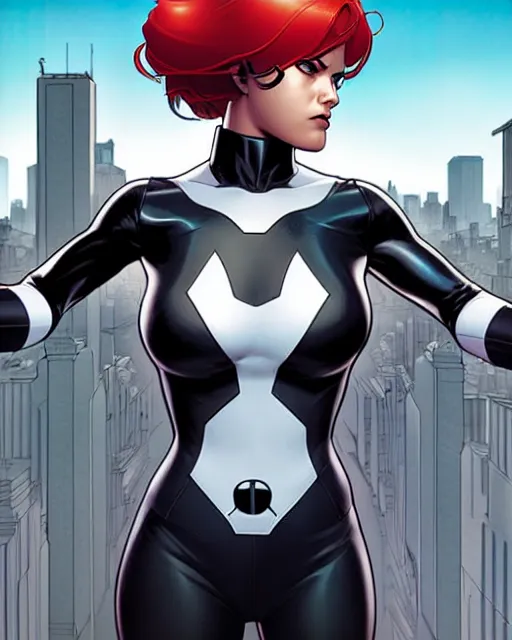 Prompt: phil noto comicbook cover art, artgerm, female domino marvel, symmetrical eyes, long red hair, full body, city rooftop