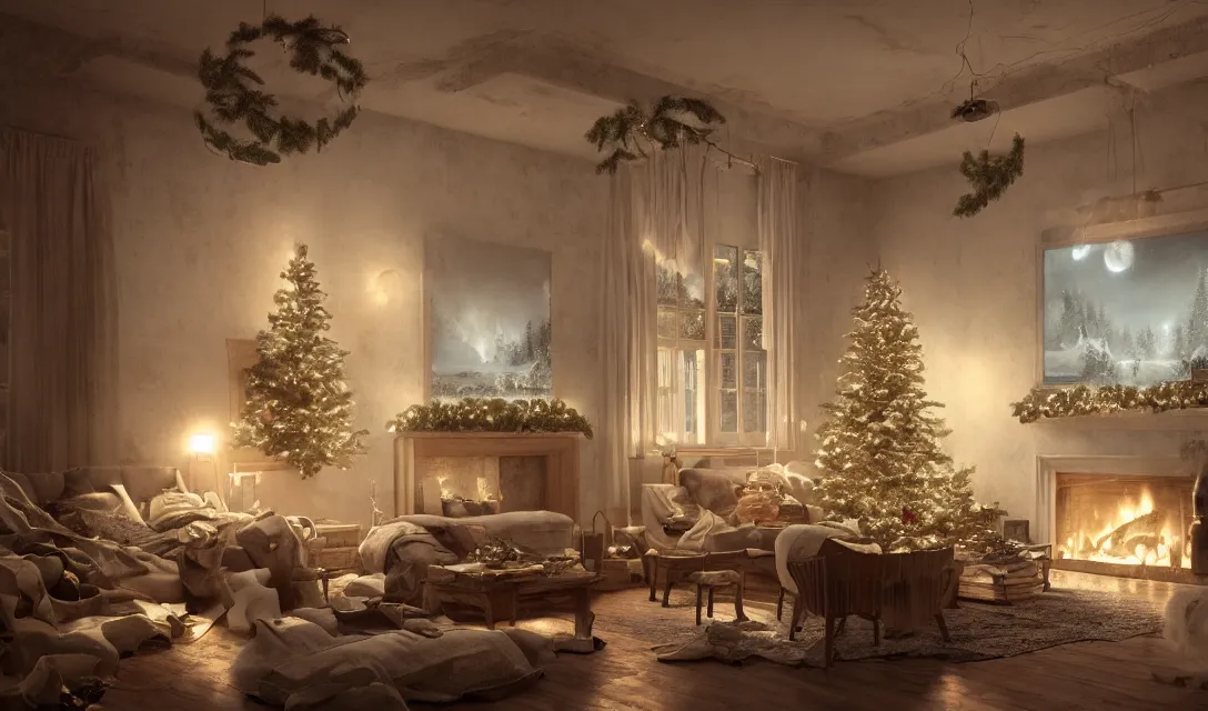 Image similar to a christmas eve in a beautiful home, photorealistic landscape painting on the wall, ascher clemens, home, interior, octane render, deviantart, greg rutkowski, cinematic, key art, hyperrealism, canon eos c 3 0 0, ƒ 1. 8, 3 5 mm, 8 k, medium - format print