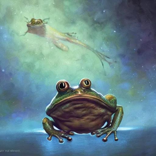 Image similar to long shot of a froggy alien, by esao andrews, by m. w. kaluta, by james web telescope, by ridley scott, ultra humorous beautiful oil painting, cinematic space scenery, small depth of field, depth perception, volumetric light, rich colors, 3 d octane render, 8 k, conceptart, hyperdetailed, hyperrealistic, trending on artstation