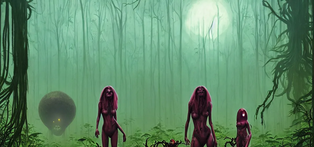 Image similar to scary creature lurking over a beautiful woman in a verdant jungle, epic science fiction horror by simon stalenhag and mark brooks, extremely detailed