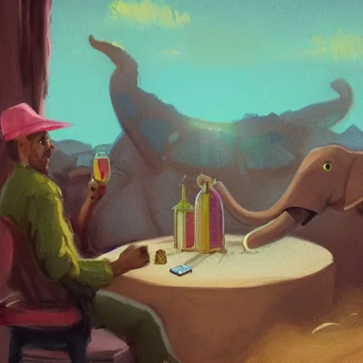 Image similar to a pink elephant playing poker at the sahara desert, concept art, masterpiece art.