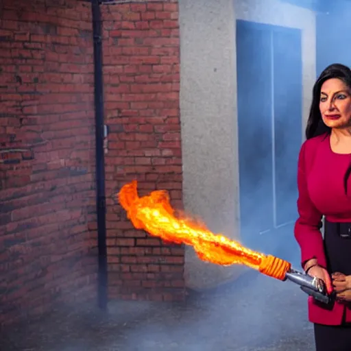 Prompt: Priti Patel Weilding A flamethrower, firing it into a building, medium shot photo 8k ultrahd